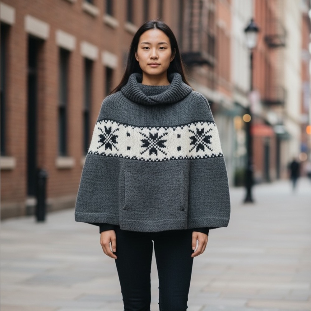 GAP Gray Hand Knit Poncho Nordic Cream Black New With Tags